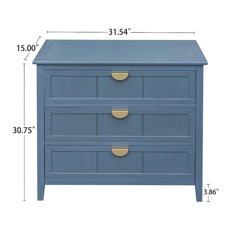 Commode bleue à 3 tiroirs avec poignées dorées finition bois