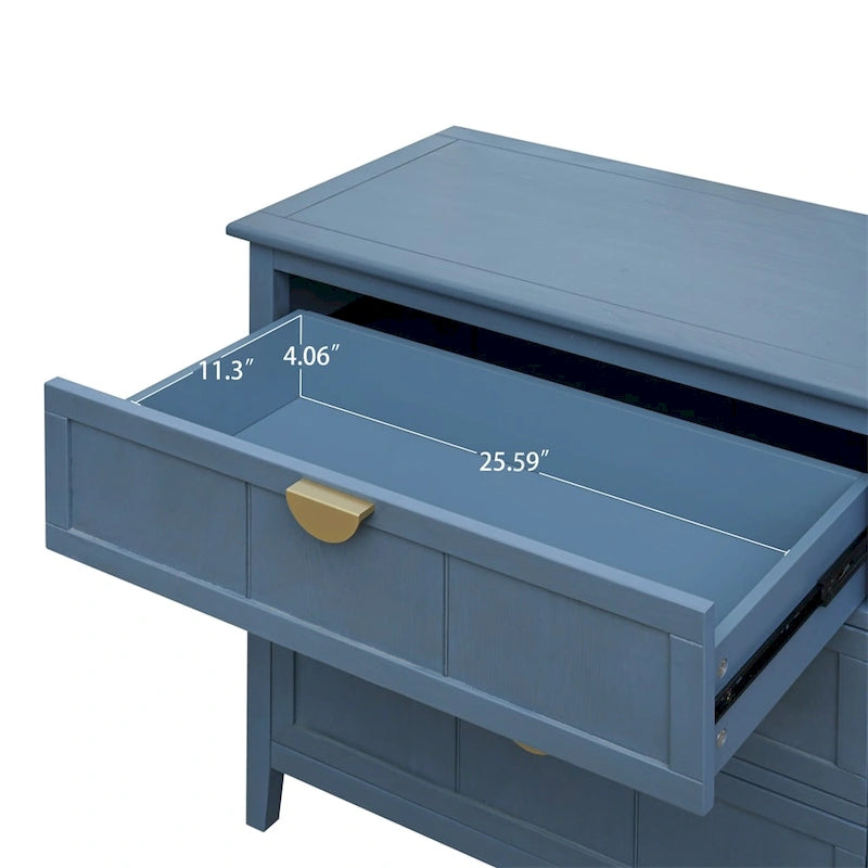 Commode bleue à 3 tiroirs avec poignées dorées finition bois