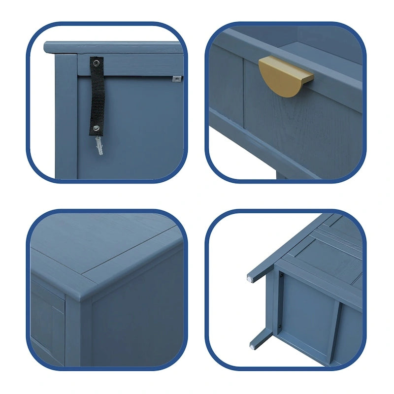 Commode bleue à 3 tiroirs avec poignées dorées finition bois