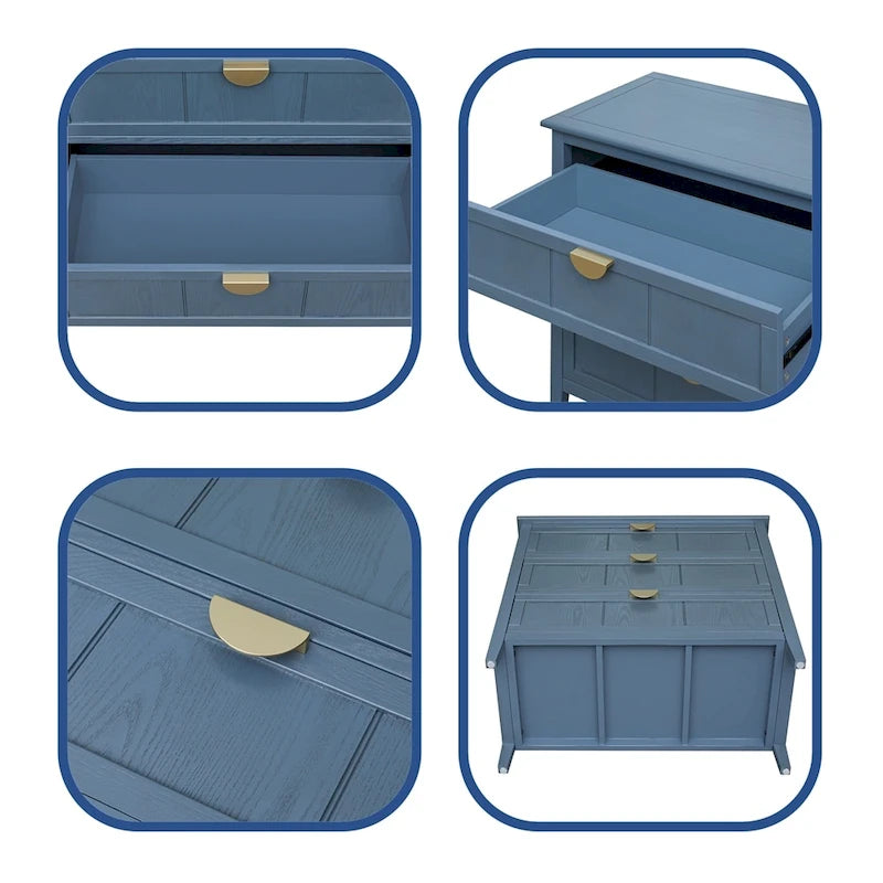 Commode bleue à 3 tiroirs avec poignées dorées finition bois