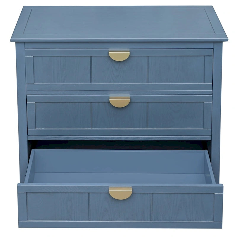 Commode bleue à 3 tiroirs avec poignées dorées finition bois