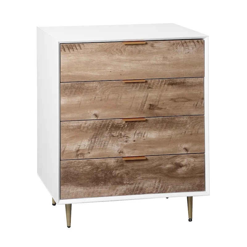 Commode 4 tiroirs cadre blanc finition bois naturel pieds en métal meuble de rangement