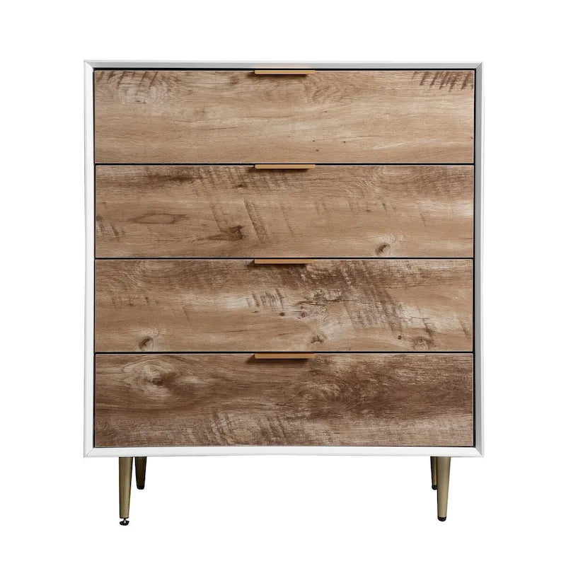 Commode 4 tiroirs cadre blanc finition bois naturel pieds en métal meuble de rangement