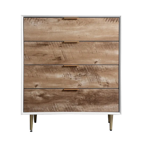 Commode 4 tiroirs cadre blanc finition bois naturel pieds en métal meuble de rangement