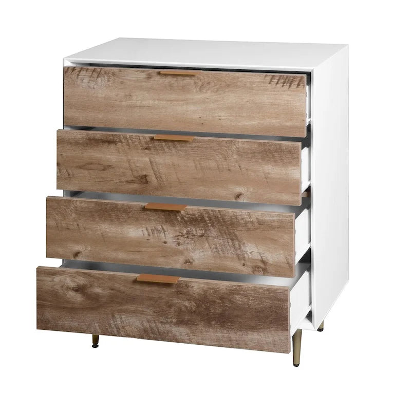 Commode 4 tiroirs cadre blanc finition bois naturel pieds en métal meuble de rangement