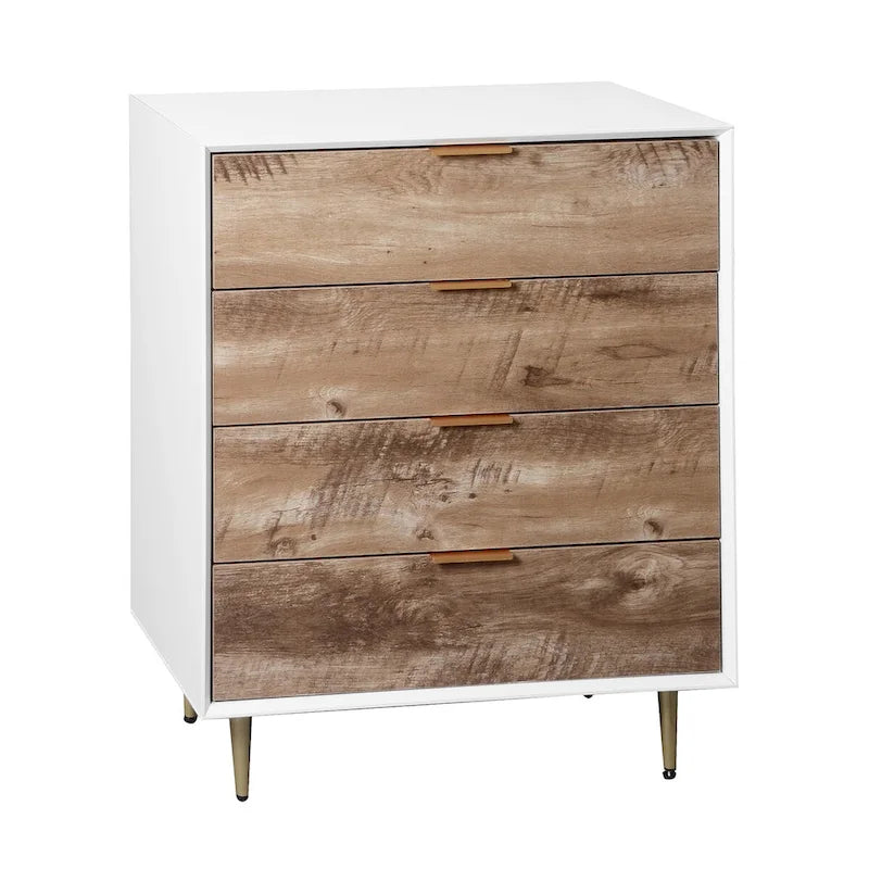 Commode 4 tiroirs cadre blanc finition bois naturel pieds en métal meuble de rangement