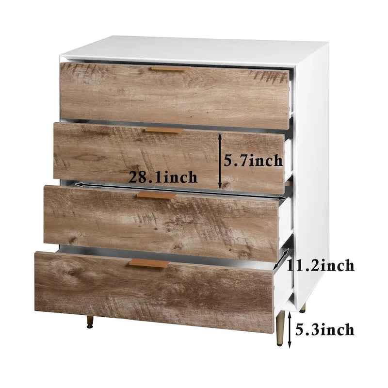 Commode 4 tiroirs cadre blanc finition bois naturel pieds en métal meuble de rangement