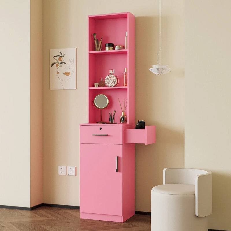 Armoire de rangement haute et étroite avec étagères ouvertes, tiroir et porte, rose et blanc