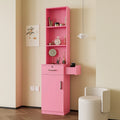 Armoire de rangement haute et étroite avec étagères ouvertes, tiroir et porte, rose et blanc