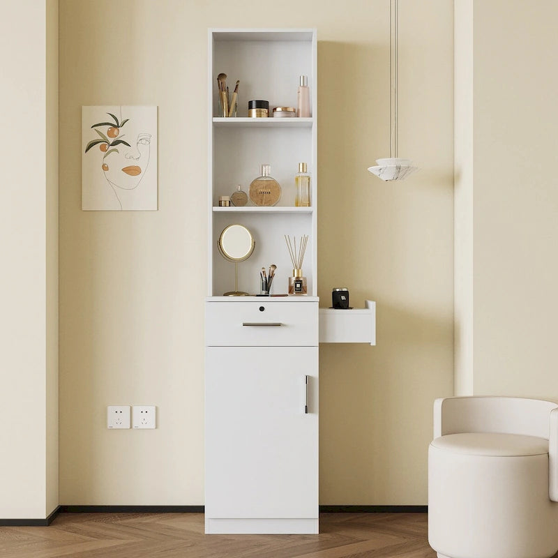 Armoire de rangement haute et étroite avec étagères ouvertes, tiroir et porte, rose et blanc
