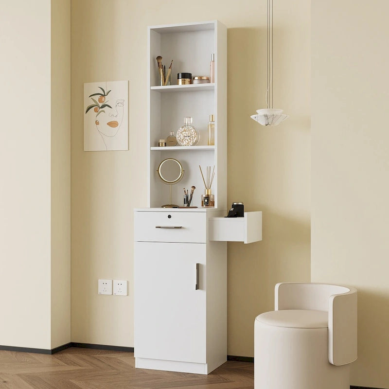 Armoire de rangement haute et étroite avec étagères ouvertes, tiroir et porte, rose et blanc