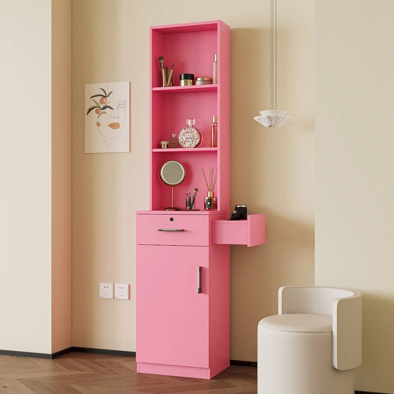 Armoire de rangement haute et étroite avec étagères ouvertes, tiroir et porte, rose et blanc