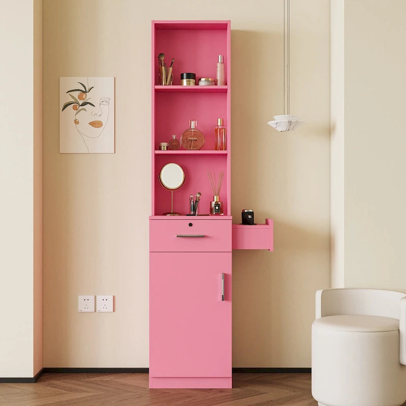 Armoire de rangement haute et étroite avec étagères ouvertes, tiroir et porte, rose et blanc