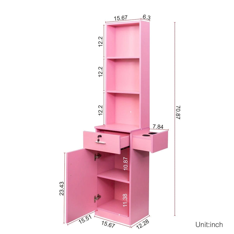 Armoire de rangement haute et étroite avec étagères ouvertes, tiroir et porte, rose et blanc