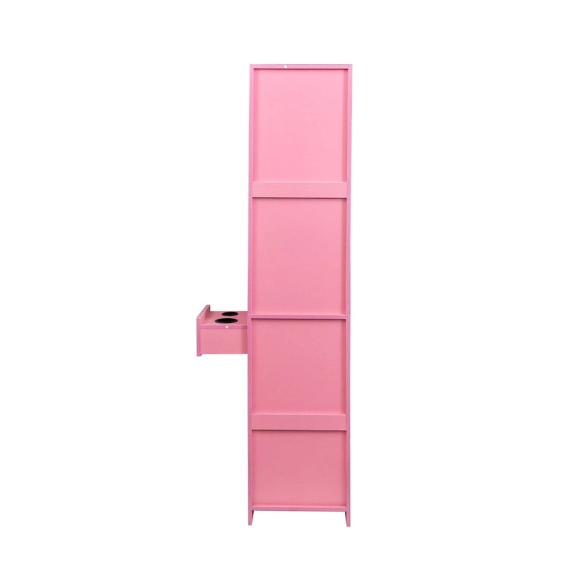 Armoire de rangement haute et étroite avec étagères ouvertes, tiroir et porte, rose et blanc