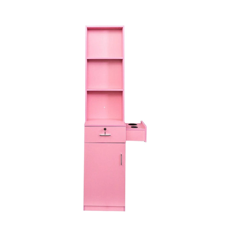 Armoire de rangement haute et étroite avec étagères ouvertes, tiroir et porte, rose et blanc