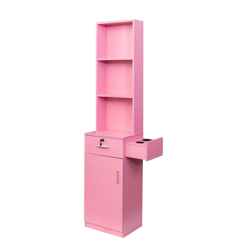 Armoire de rangement haute et étroite avec étagères ouvertes, tiroir et porte, rose et blanc