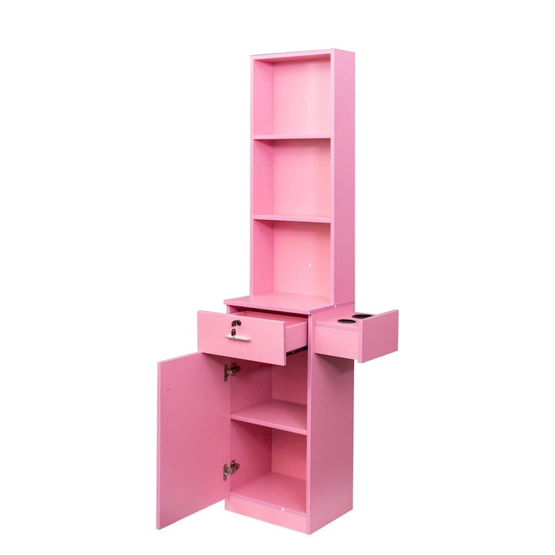 Armoire de rangement haute et étroite avec étagères ouvertes, tiroir et porte, rose et blanc