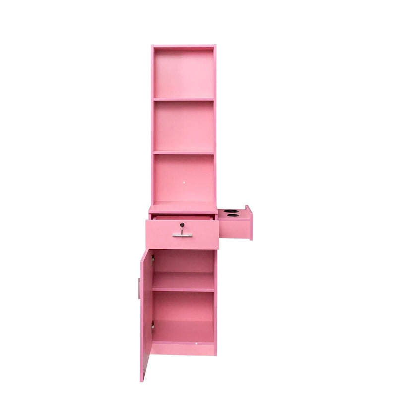 Armoire de rangement haute et étroite avec étagères ouvertes, tiroir et porte, rose et blanc