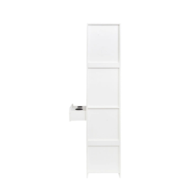 Armoire de rangement haute et étroite avec étagères ouvertes, tiroir et porte, rose et blanc