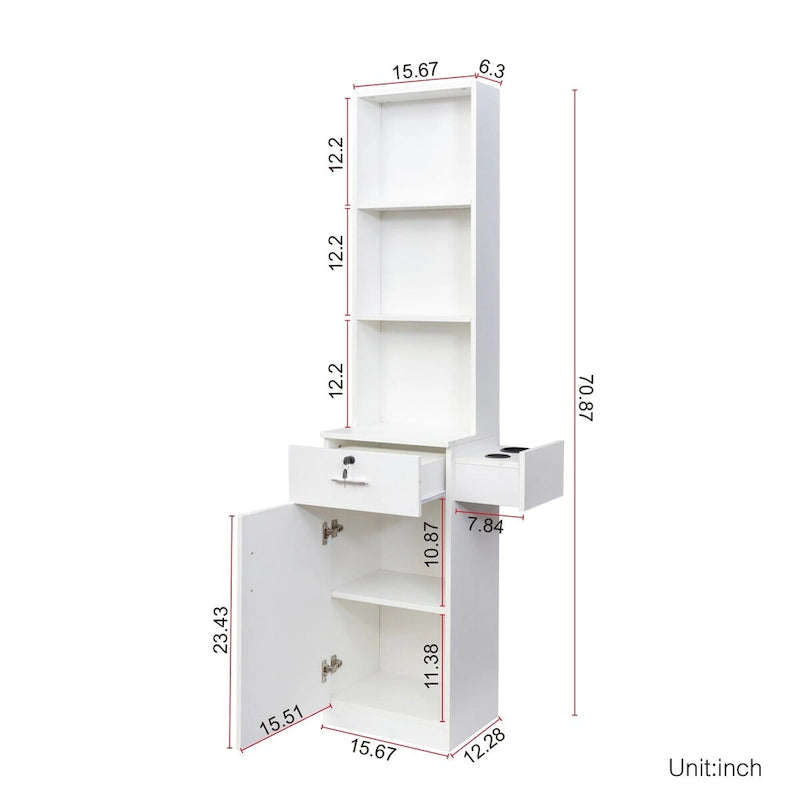 Armoire de rangement haute et étroite avec étagères ouvertes, tiroir et porte, rose et blanc