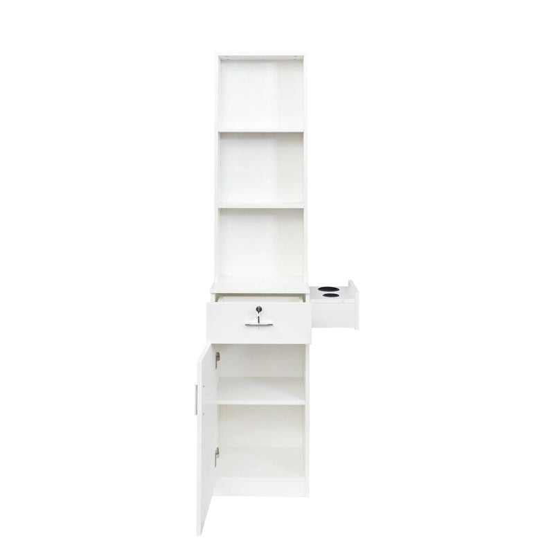 Armoire de rangement haute et étroite avec étagères ouvertes, tiroir et porte, rose et blanc