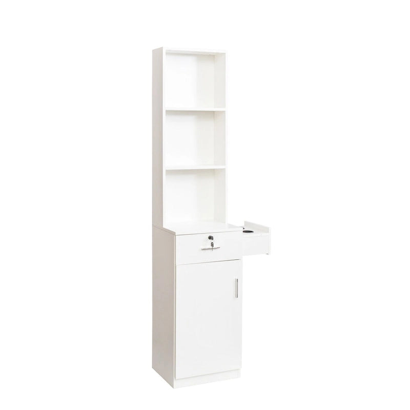 Armoire de rangement haute et étroite avec étagères ouvertes, tiroir et porte, rose et blanc