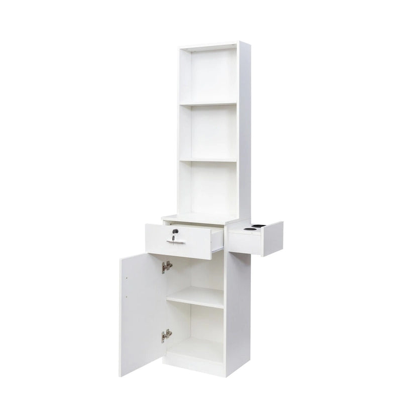 Armoire de rangement haute et étroite avec étagères ouvertes, tiroir et porte, rose et blanc