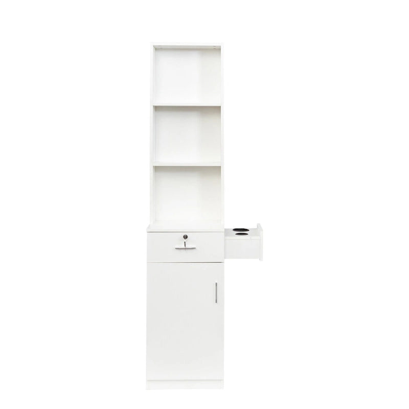 Armoire de rangement haute et étroite avec étagères ouvertes, tiroir et porte, rose et blanc