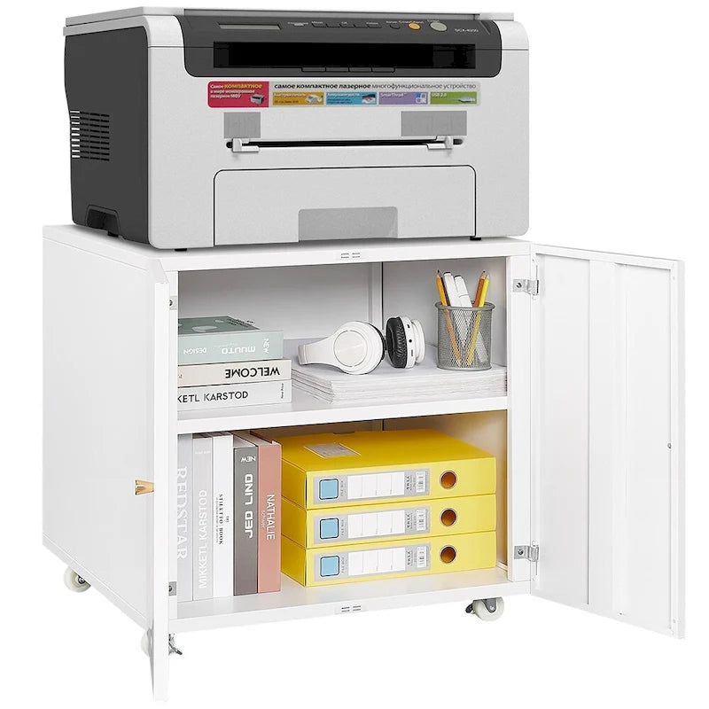 Meuble d'imprimante roulant blanc avec porte de rangement Étagère réglable sur roulettes