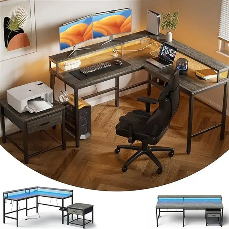 Bureau d'angle pour ordinateur de jeu avec lumières LED et support d'écran, finition bois gris