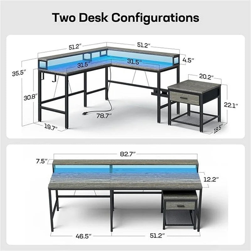 Bureau d'angle pour ordinateur de jeu avec lumières LED et support d'écran, finition bois gris
