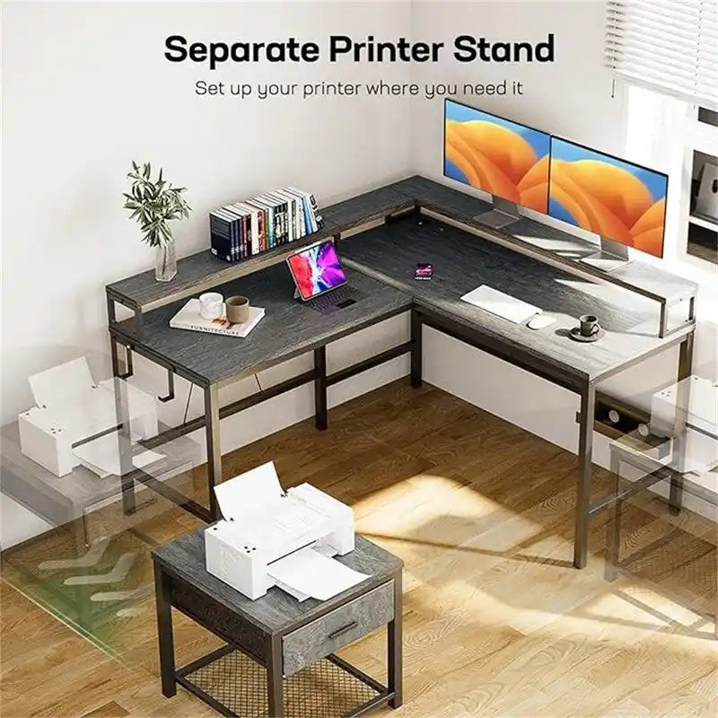 Bureau d'angle pour ordinateur de jeu avec lumières LED et support d'écran, finition bois gris