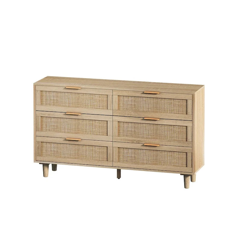 Commode 6 tiroirs en rotin naturel avec cadre en bois, meuble de rangement bohème
