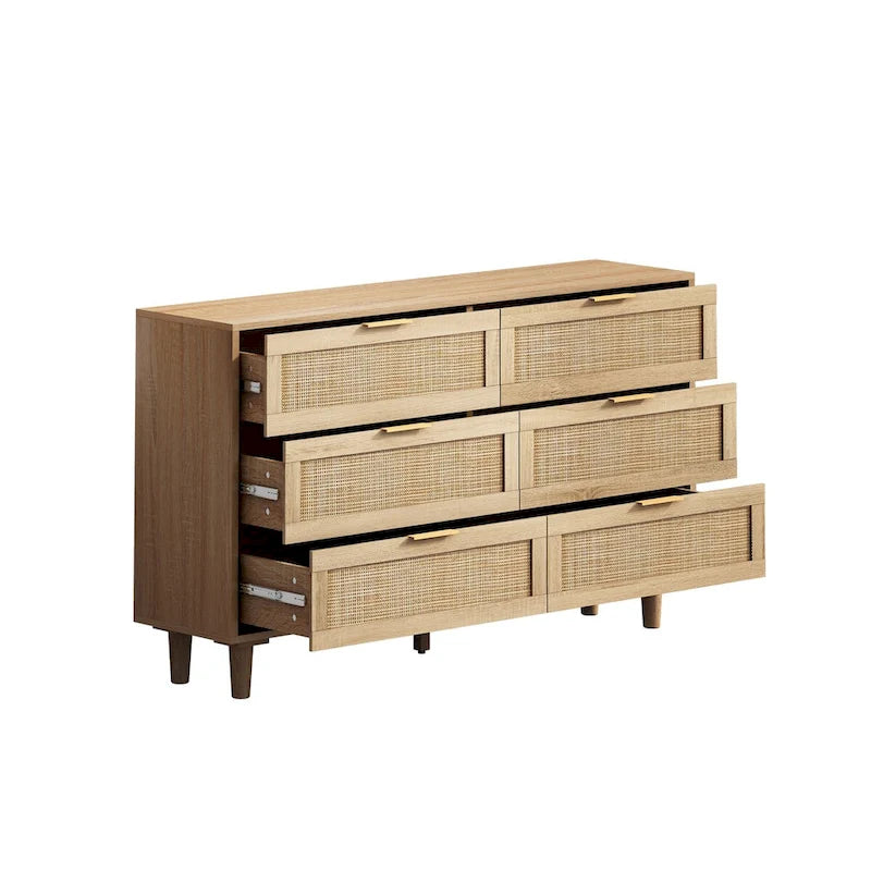 Commode 6 tiroirs en rotin naturel avec cadre en bois, meuble de rangement bohème