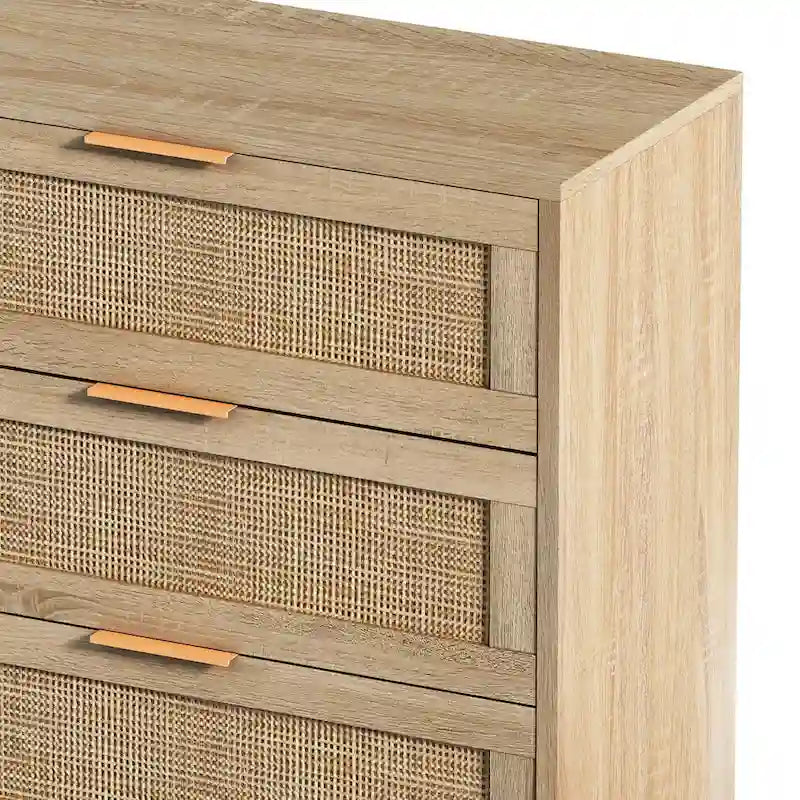Commode 6 tiroirs en rotin naturel avec cadre en bois, meuble de rangement bohème