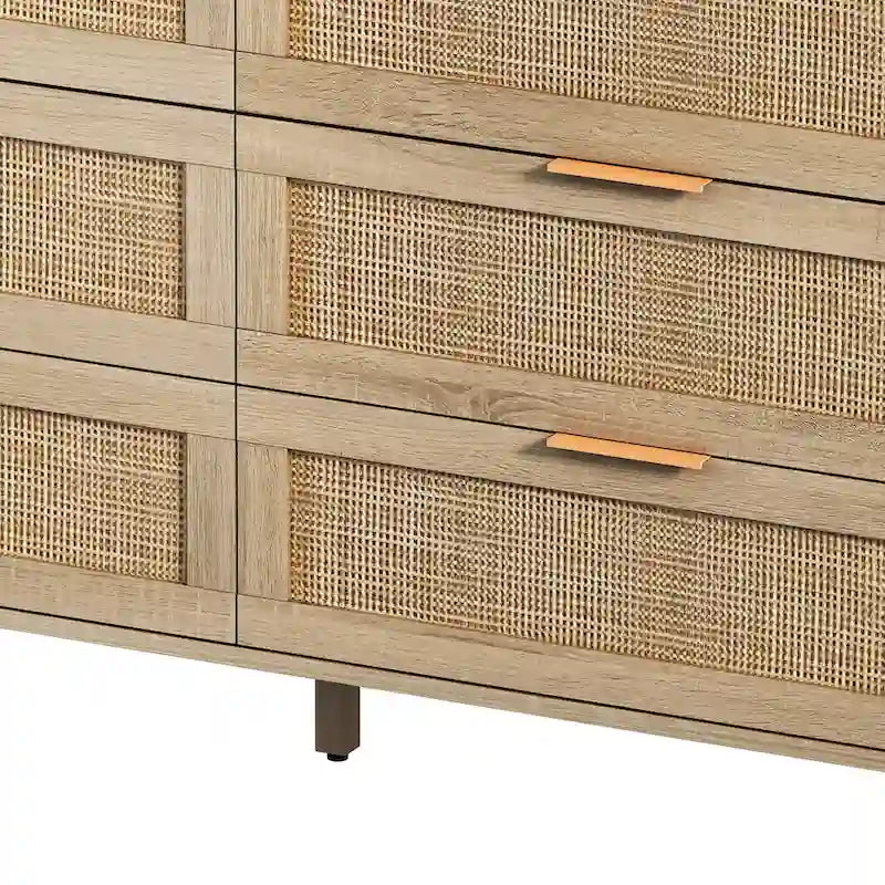 Commode 6 tiroirs en rotin naturel avec cadre en bois, meuble de rangement bohème