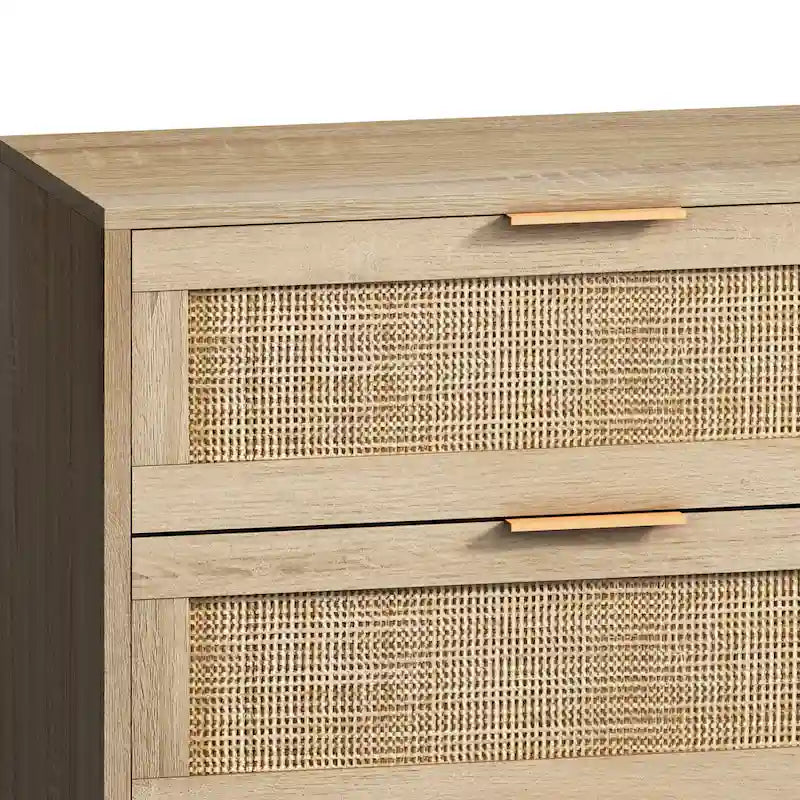 Commode 6 tiroirs en rotin naturel avec cadre en bois, meuble de rangement bohème