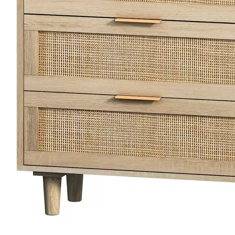 Commode 6 tiroirs en rotin naturel avec cadre en bois, meuble de rangement bohème