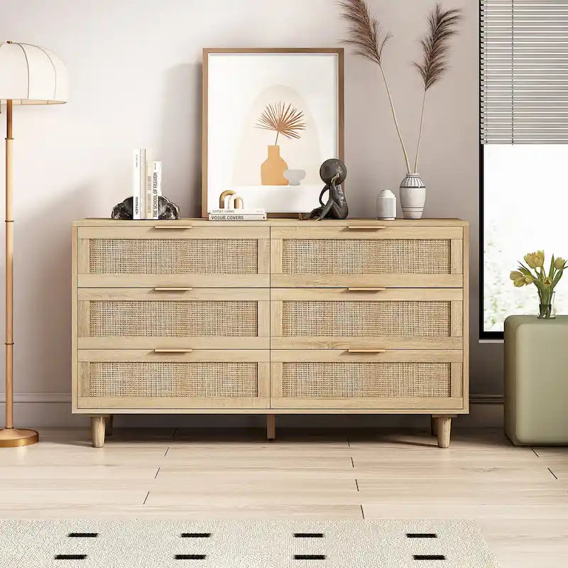 Commode 6 tiroirs en rotin naturel avec cadre en bois, meuble de rangement bohème