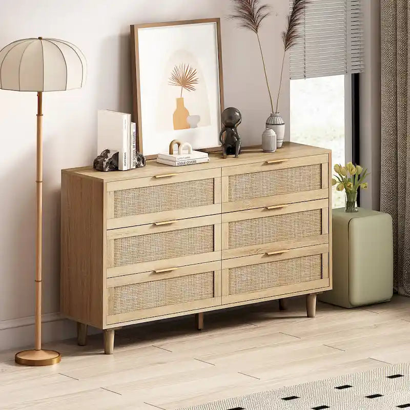 Commode 6 tiroirs en rotin naturel avec cadre en bois, meuble de rangement bohème