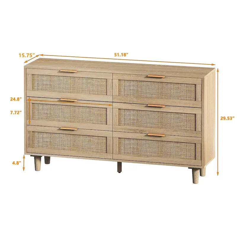 Commode 6 tiroirs en rotin naturel avec cadre en bois, meuble de rangement bohème