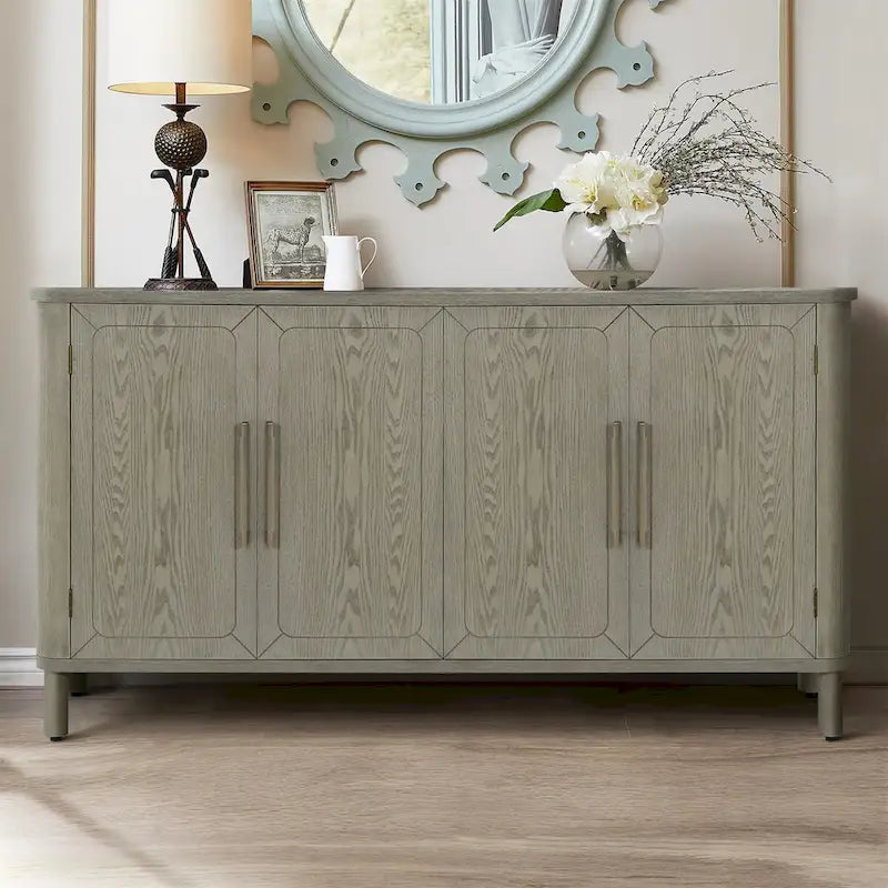 Buffet à quatre portes à grain de bois gris avec plateau incurvé