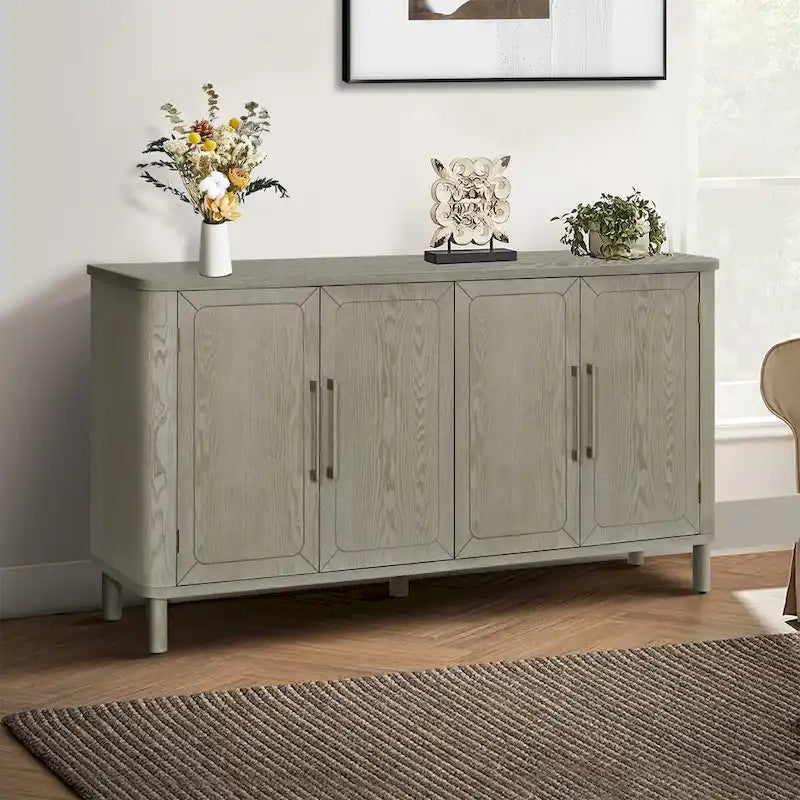 Buffet à quatre portes à grain de bois gris avec plateau incurvé