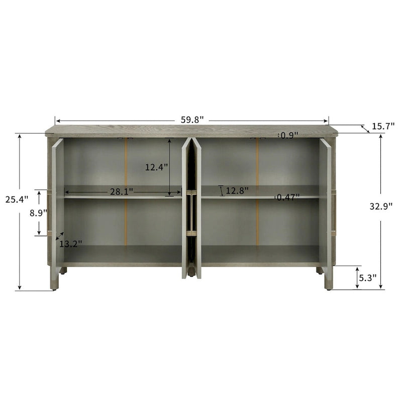 Buffet à quatre portes à grain de bois gris avec plateau incurvé