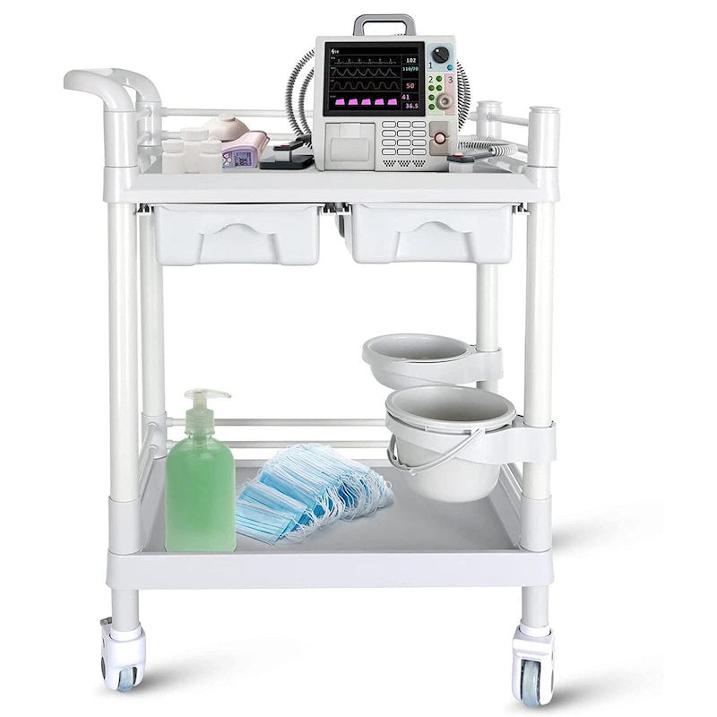 Chariot médical roulant à 2 niveaux avec tiroirs et roulettes verrouillables blanc