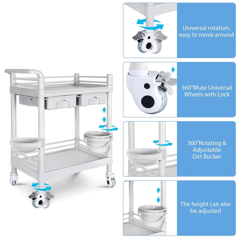 Chariot médical roulant à 2 niveaux avec tiroirs et roulettes verrouillables blanc