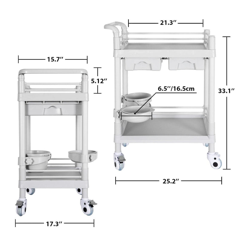 Chariot médical roulant à 2 niveaux avec tiroirs et roulettes verrouillables blanc