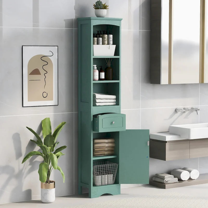 Meuble de rangement haut de salle de bain autoportant avec tiroir et étagère réglable, gris/vert/blanc