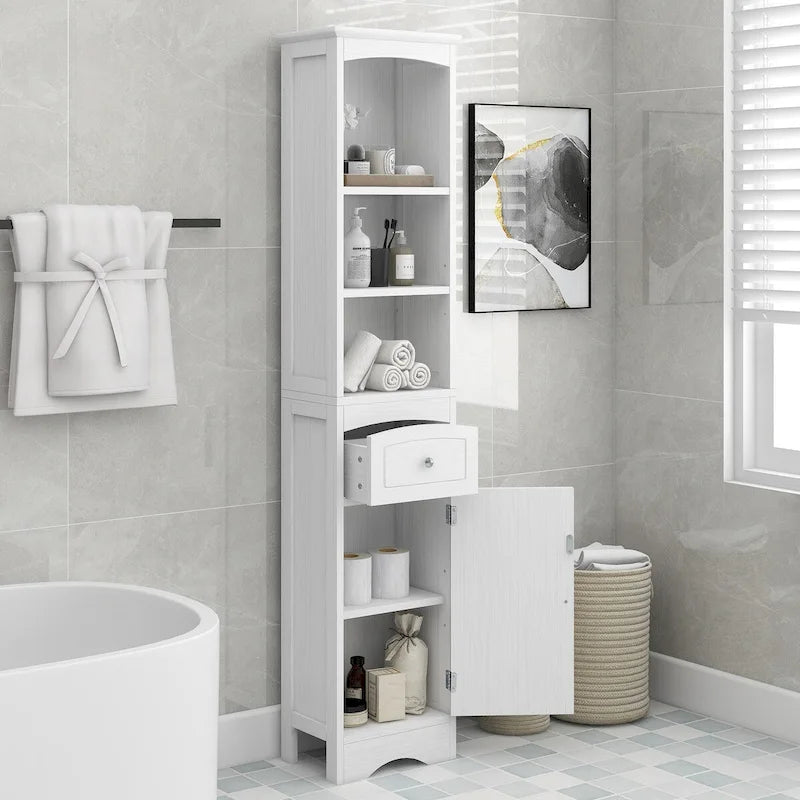 Meuble de rangement haut de salle de bain autoportant avec tiroir et étagère réglable, gris/vert/blanc